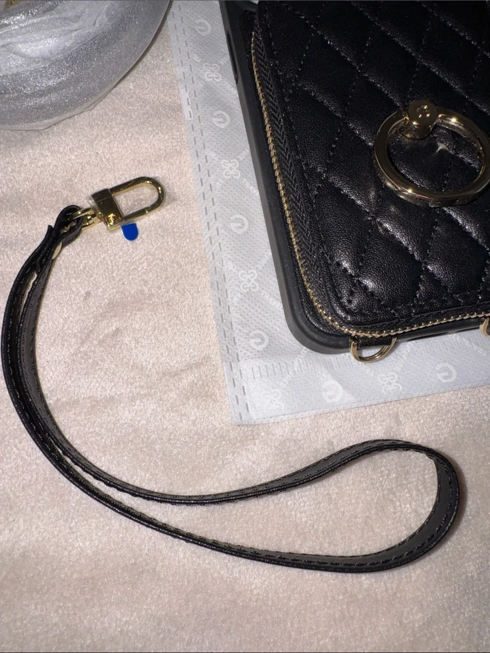 Black Quilted iPhone 15 pro max Wallet Case with Gold Ring and Crossbody Strap